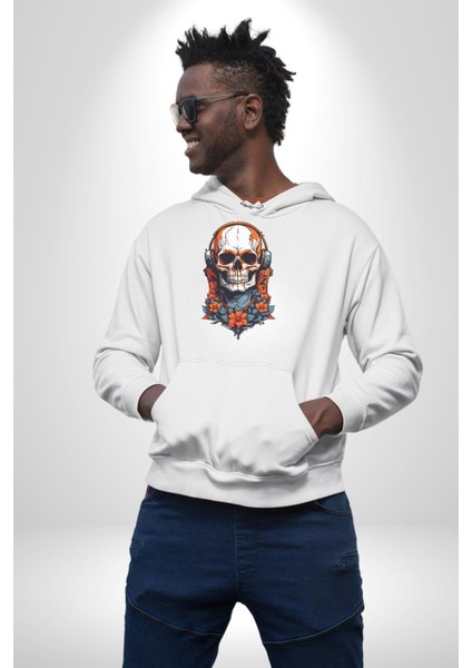 Müzik Kulaklık Takan Kurukafa Kırmızı Gül Kadın Erkek  Beyaz Kapüşonlu Sweatshirt Hoodie