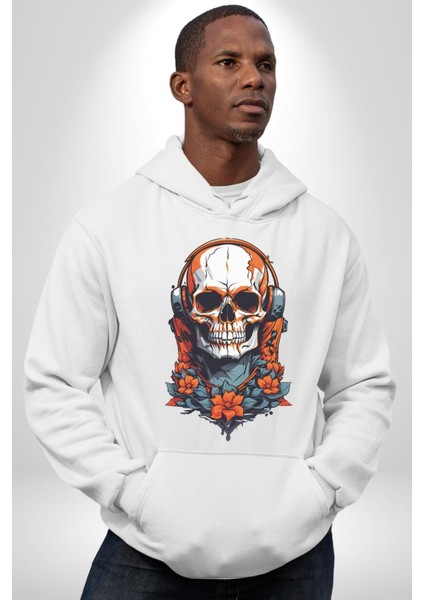 Müzik Kulaklık Takan Kurukafa Kırmızı Gül Kadın Erkek  Beyaz Kapüşonlu Sweatshirt Hoodie