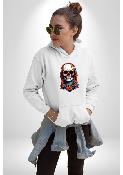 Müzik Kulaklık Takan Kurukafa Kırmızı Gül Kadın Erkek  Beyaz Kapüşonlu Sweatshirt Hoodie