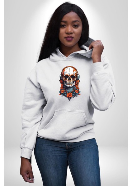 Müzik Kulaklık Takan Kurukafa Kırmızı Gül Kadın Erkek  Beyaz Kapüşonlu Sweatshirt Hoodie