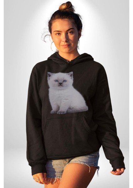 Beyaz Yavru Kedi Kadın Erkek Siyah Kapüşonlu Sweatshirt Hoodie