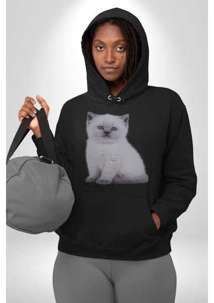 Beyaz Yavru Kedi Kadın Erkek Siyah Kapüşonlu Sweatshirt Hoodie modelleri