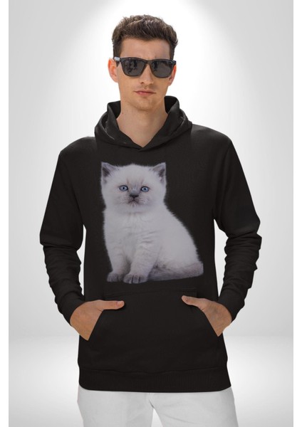 Beyaz Yavru Kedi Kadın Erkek Siyah Kapüşonlu Sweatshirt Hoodie fırsatları