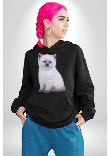 Beyaz Yavru Kedi Kadın Erkek Siyah Kapüşonlu Sweatshirt Hoodie indirimleri