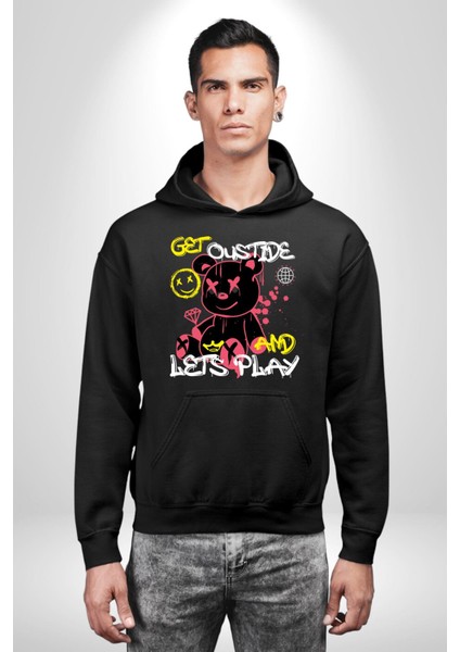 Dışarı Çık ve Oynayalım Teddy Kadın Erkek Siyah Kapüşonlu Sweatshirt Hoodie