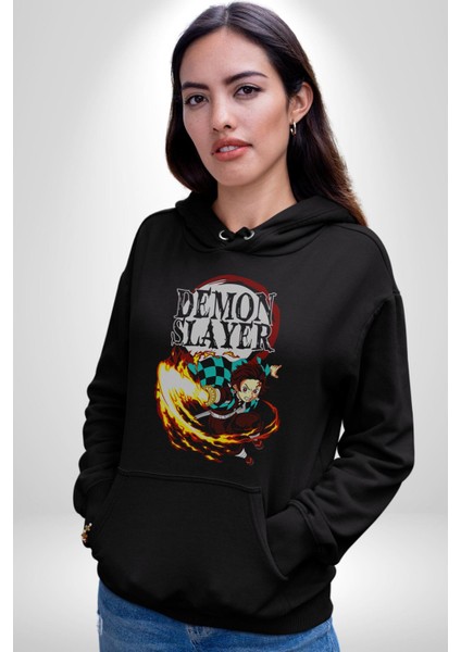 Demon Slayer Iblis Avcısı Anime Figürü Kadın Erkek Siyah Kapüşonlu Sweatshirt Hoodie