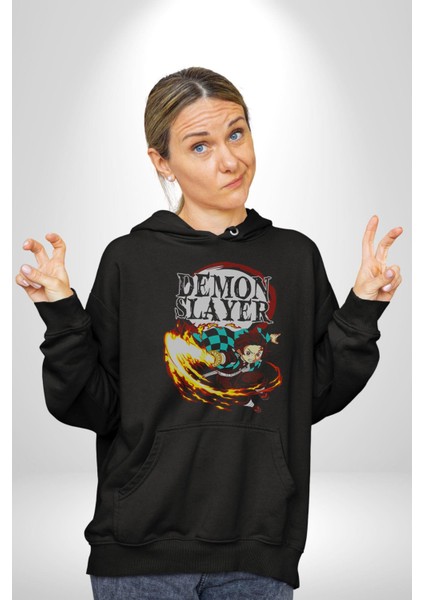 Demon Slayer Iblis Avcısı Anime Figürü Kadın Erkek Siyah Kapüşonlu Sweatshirt Hoodie modelleri