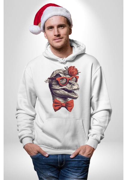Kırmızı Gözlük Papyon Dinazor Kadın Erkek Beyaz Kapüşonlu Sweatshirt Hoodie