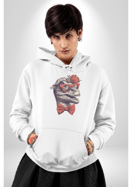 Kırmızı Gözlük Papyon Dinazor Kadın Erkek Beyaz Kapüşonlu Sweatshirt Hoodie fiyatları