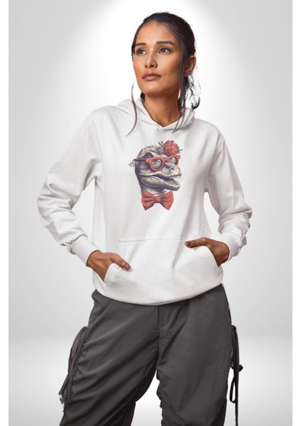 Kırmızı Gözlük Papyon Dinazor Kadın Erkek Beyaz Kapüşonlu Sweatshirt Hoodie modelleri