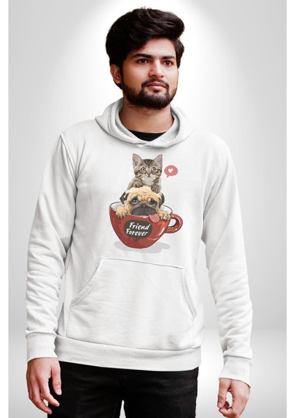 Kedi ve Köpek Sonsuzadek Arkadaşız Kadın Erkek Beyaz Kapüşonlu Sweatshirt Hoodie