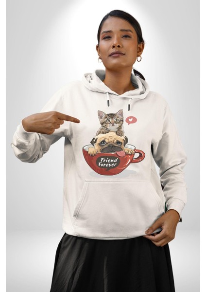 Kedi ve Köpek Sonsuzadek Arkadaşız Kadın Erkek Beyaz Kapüşonlu Sweatshirt Hoodie