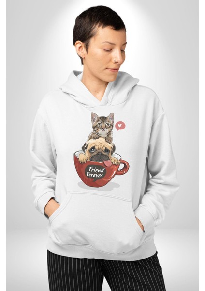Kedi ve Köpek Sonsuzadek Arkadaşız Kadın Erkek Beyaz Kapüşonlu Sweatshirt Hoodie
