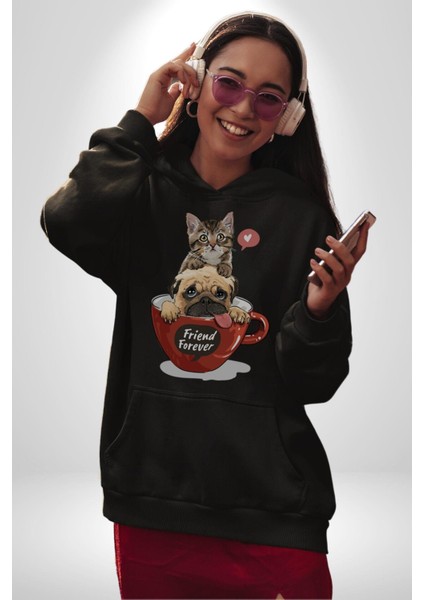Kedi ve Köpek Sonsuzadek Arkadaşız Kadın Erkek Siyah Kapüşonlu Sweatshirt Hoodie