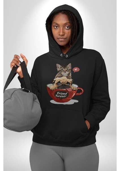 Kedi ve Köpek Sonsuzadek Arkadaşız Kadın Erkek Siyah Kapüşonlu Sweatshirt Hoodie fırsatları