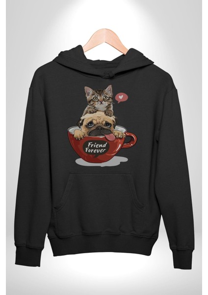 Kedi ve Köpek Sonsuzadek Arkadaşız Kadın Erkek Siyah Kapüşonlu Sweatshirt Hoodie indirimleri