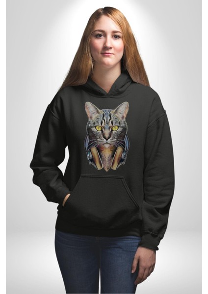 Kulaklık Kedi Kadın Erkek Siyah Kapüşonlu Sweatshirt Hoodie modelleri
