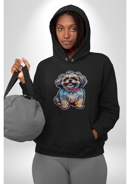 Shih Tzu Renkli Köpek Kadın Erkek Siyah Kapüşonlu Sweatshirt Hoodie indirimleri