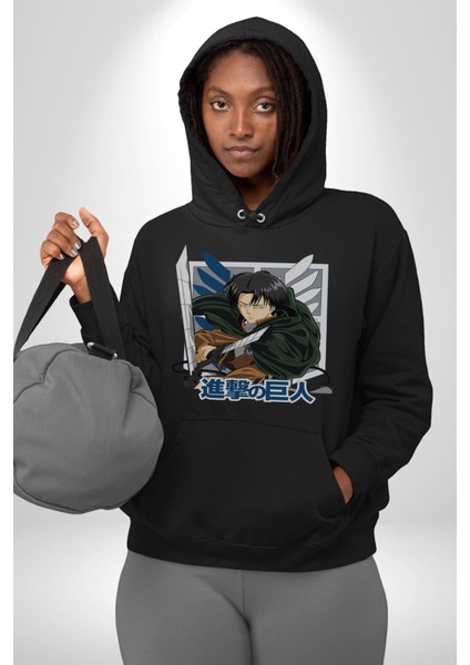 Anime Levi Ackerman Beyaz ve Siyah Kanatlar Kadın Erkek Siyah Kapüşonlu Sweatshirt Hoodie modelleri