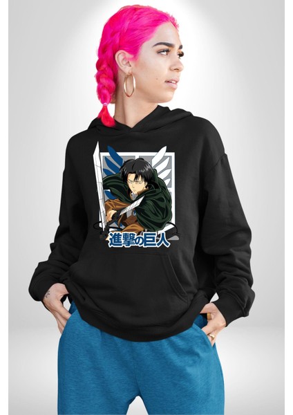 Anime Levi Ackerman Beyaz ve Siyah Kanatlar Kadın Erkek Siyah Kapüşonlu Sweatshirt Hoodie indirimleri