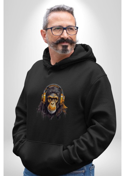 Maymun Altın Kulaklık Müzik Kadın Erkek Siyah Kapüşonlu Sweatshirt Hoodie modelleri
