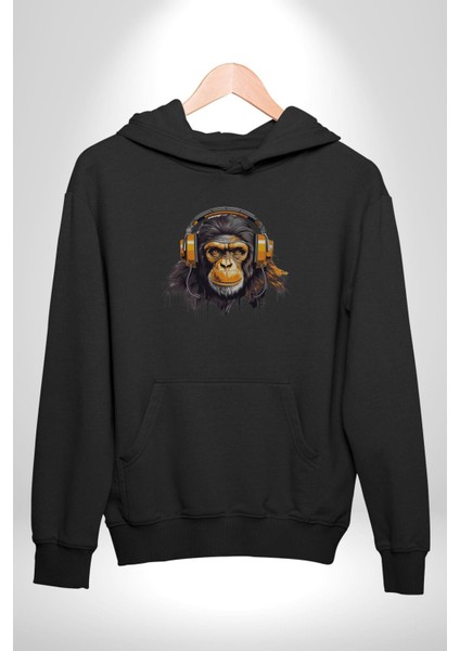 Maymun Altın Kulaklık Müzik Kadın Erkek Siyah Kapüşonlu Sweatshirt Hoodie indirimleri