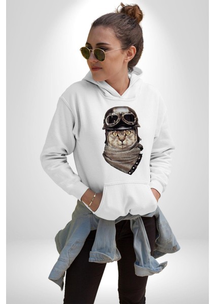 Kasket Bandana Motorcu Kedi Kadın Erkek Beyaz Kapüşonlu Sweatshirt Hoodie modelleri