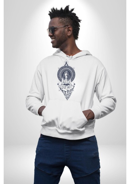 Falcı Meditasyon Yoga Dağın Üstünde Kadın Erkek Beyaz Kapüşonlu Sweatshirt Hoodie fiyatları