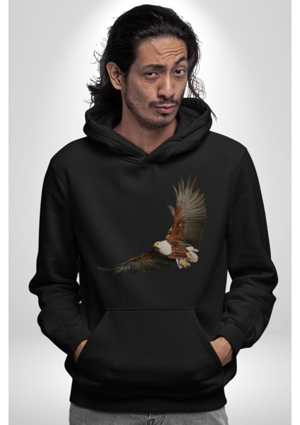 Kartal Özgürlük Kadın Erkek Siyah Kapüşonlu Sweatshirt Hoodie