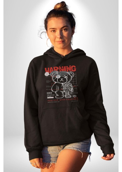 Uyarı Dikkatli Yaklaş Kadın Erkek Siyah Kapüşonlu Sweatshirt Hoodie modelleri