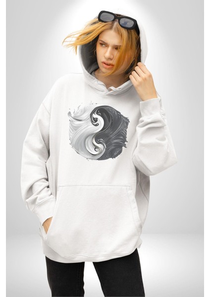 Siyah Beyaz Ying Yang Kadın Erkek Beyaz Kapüşonlu Sweatshirt Hoodie