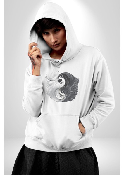 Siyah Beyaz Ying Yang Kadın Erkek Beyaz Kapüşonlu Sweatshirt Hoodie modelleri