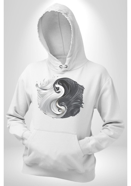 Siyah Beyaz Ying Yang Kadın Erkek Beyaz Kapüşonlu Sweatshirt Hoodie indirimleri