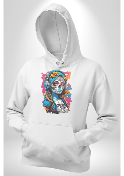 Kulaklık Müzik Dinleyen Kız Kadın Erkek Beyaz Kapüşonlu Sweatshirt Hoodie