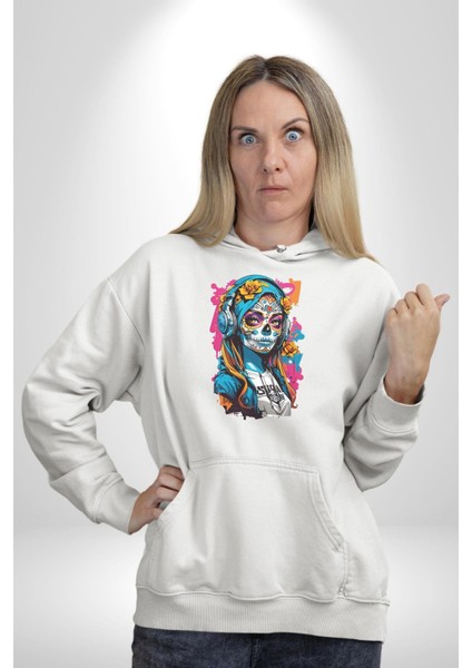Kulaklık Müzik Dinleyen Kız Kadın Erkek Beyaz Kapüşonlu Sweatshirt Hoodie modelleri