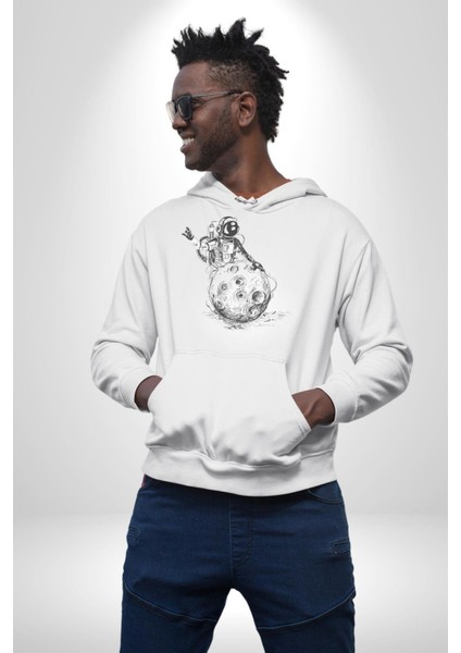 Astronot Gök Taşı Yavarlarken Kadın Erkek Beyaz Kapüşonlu Sweatshirt Hoodie fırsatları