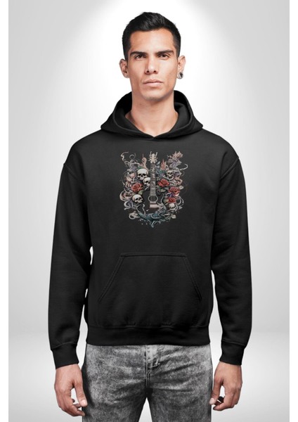 Gitar Kafatası Güller Doğa Uyumu Kadın Erkek  Siyah Kapüşonlu Sweatshirt Hoodie