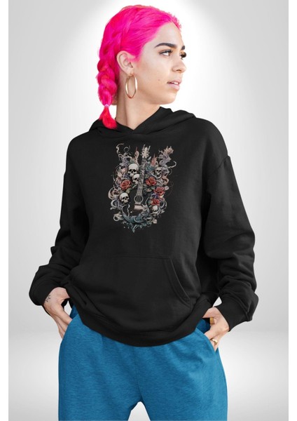 Gitar Kafatası Güller Doğa Uyumu Kadın Erkek  Siyah Kapüşonlu Sweatshirt Hoodie