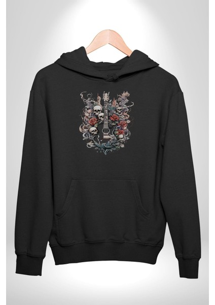 Gitar Kafatası Güller Doğa Uyumu Kadın Erkek  Siyah Kapüşonlu Sweatshirt Hoodie