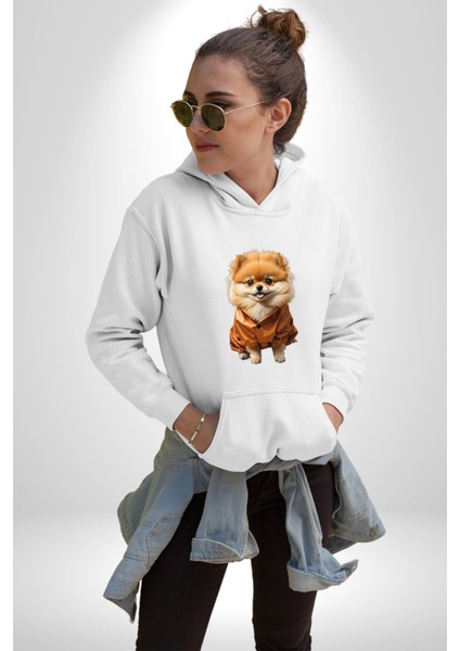 Teacup Pomernian Çeket Kadın Erkek Beyaz Kapüşonlu Sweatshirt Hoodie