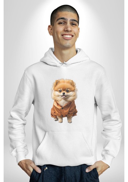 Teacup Pomernian Çeket Kadın Erkek Beyaz Kapüşonlu Sweatshirt Hoodie