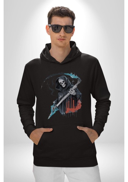 Azrail Ölüm Tanrısı Iskelet Kadın Erkek Siyah Kapüşonlu Sweatshirt Hoodie