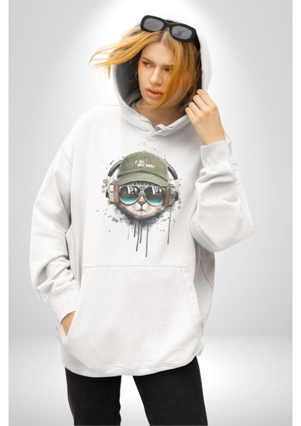 Havalı Pilot Şapkalı Müzik Dinleyen Kedi Kadın Erkek Beyaz Kapüşonlu Sweatshirt Hoodie