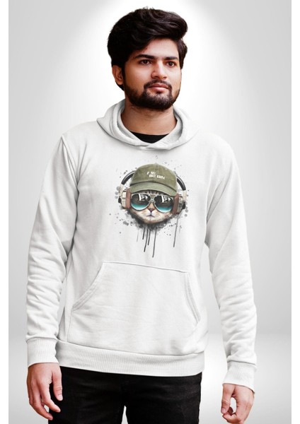 Havalı Pilot Şapkalı Müzik Dinleyen Kedi Kadın Erkek Beyaz Kapüşonlu Sweatshirt Hoodie