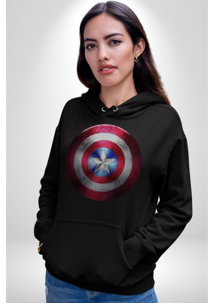 Kaptan Amerika Kalkan Kadın Erkek  Siyah Kapüşonlu Sweatshirt Hoodie