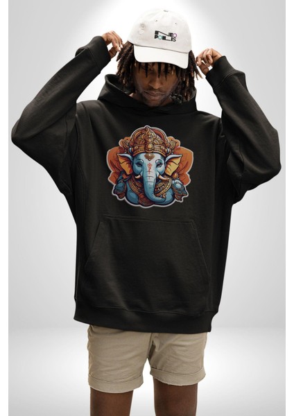 Hindu Fil Bereket Tanrısı Kadın Erkek Siyah Kapüşonlu Sweatshirt Hoodie