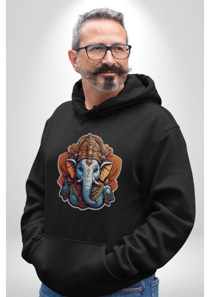 Hindu Fil Bereket Tanrısı Kadın Erkek Siyah Kapüşonlu Sweatshirt Hoodie