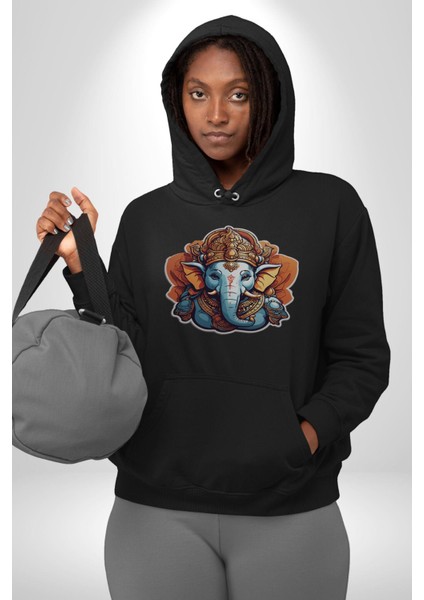 Hindu Fil Bereket Tanrısı Kadın Erkek Siyah Kapüşonlu Sweatshirt Hoodie
