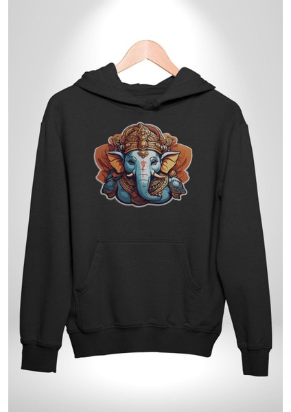 Hindu Fil Bereket Tanrısı Kadın Erkek Siyah Kapüşonlu Sweatshirt Hoodie