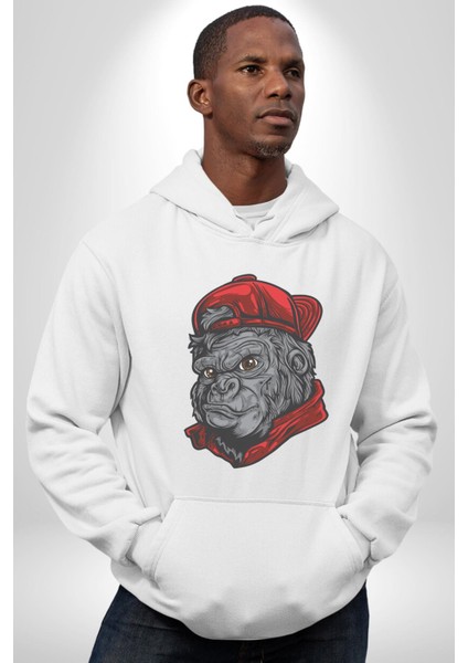 Kırmızı Şapka Maymun Kadın Erkek Beyaz Kapüşonlu Sweatshirt Hoodie